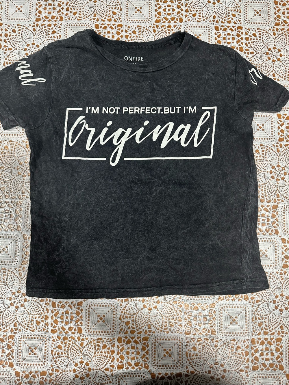 On Fire Black Mineral Wash Graphic Tee Original Quote Short Sleeve Medium